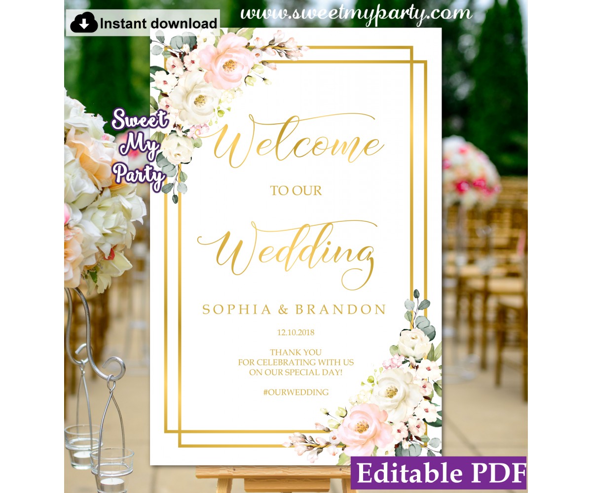 Blush Ivory welcome sign template,Floral wedding welcome sign template, (130)